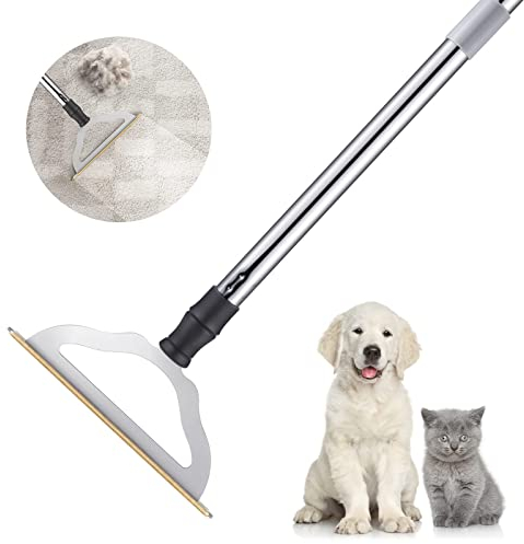Hold a star 47'' Adjustable Long Handle Carpet Rake Pet Hair Remover, Reusable Large Metal Lint Remover Brush for Embedded Fur Removal from Low Pile Rugs Stairs, Scraper Broom, Silver (HS-L008)