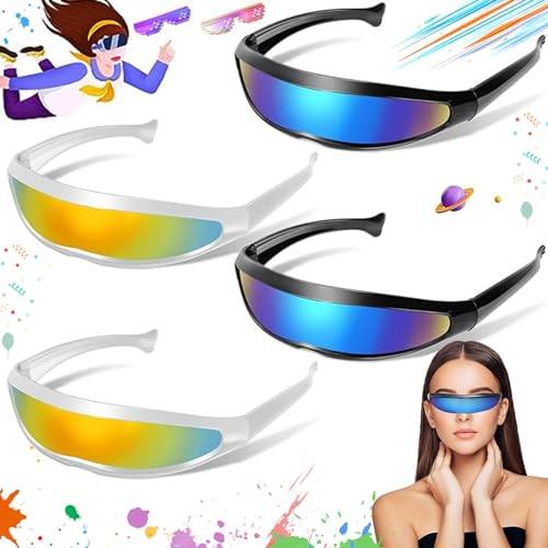 truee 4 Stück Rave Brille, Währung Futuristische Sonnenbrille, Futuristische Verspiegelte Sonnenbrille, Coole Space Brille, Futuristische Sonnenbrille Zyklop, Für Rollenspiel, Bar, Disko (2 Farben)
