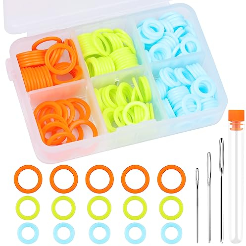 Riddur 206 Stück Ringmarkierer für Strickwaren mit tragbarer Aufbewahrungsbox, bunte Punkte-Ringe (S/M/L), Marker für Häkelnadeln und stumpfe Nadeln mit großen Augen für Häkelnadel