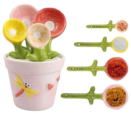 DOERDO Ceramic Measuring Spoons with Holder, Flower Measure Scoops for Salt Sugar, Potted Shape Spoon Set, Kitchen Measuring Ceramic Tools