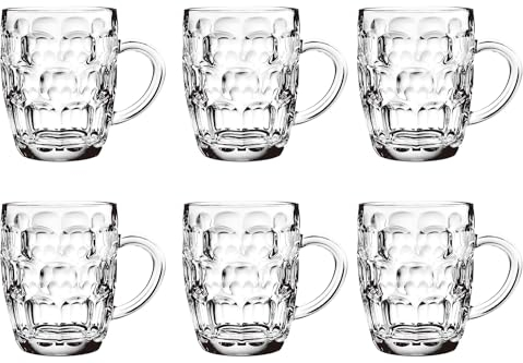 TUSAPAM Dimple Stein Bierkrug-Set, 590 ml, Biergläser mit Griff, Glas-Bierkrug, spülmaschinen- und gefriergeeignet, klar und stabil, 6er-Set