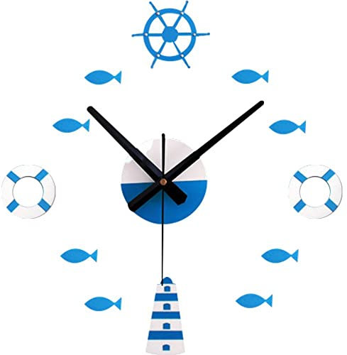 vepoty Orologio da Parete Autoadesivo 3D Fai da Te Orologio da Parete Tipo Pesci Nave Mare Blu Orologi da Parete silenziosi Senza ticchettio per Soggiorno Arredamento Camera da Letto