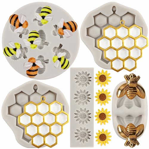 MYPRACS 5 Stück Hummel Silikonform Bienenwabe Sonnenblume und Biene Fondant Formen zum Dekorieren von Kuchen Cupcake Topper Süßigkeiten Schokolade Gummipaste Polymer Ton