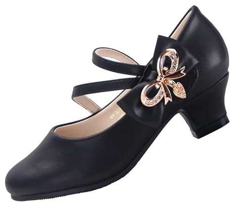 EIGHT KM Girls High Heel Dress Shoes Mary Jane Princess Wedding Party Pump Shoes EKM7035 Microfiber Leather Athena Metallic Bow Black UK Little Kid Size 12.5