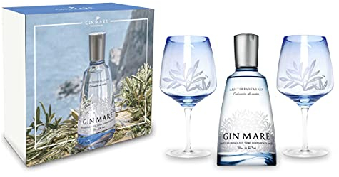 Individuelles Geschenkset mit Gin Mare Geschenkset Mediterranean Gin 0,7L (42,7% Vol) + 2x Gin Mare Ballonglas / 2er Gläser Set -[Enthält Sulfite]