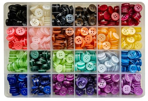 24 Farben Knöpfe Set - Größe: 11.5 mm 18L - 600 Stück mit runden 4-Loch Knopf aus Kunstharz Perlglanz in praktischer Aufbewahrungsbox