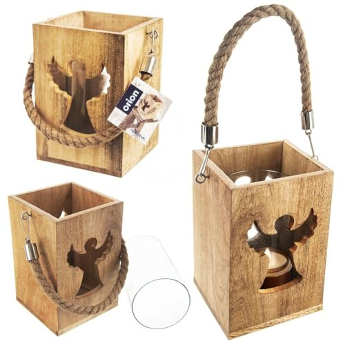 orion group Kerzenlaterne Laterne Lampion Kerzenhalter Kerzenständer Teelichter aus Holz mit Glaseinsatz Engel 14x20,5 cm