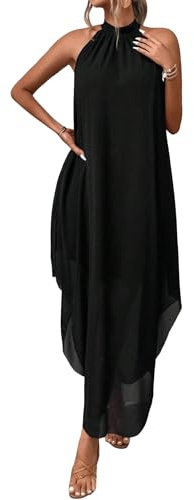 Verdusa Women's Wedding Guest Dress Halter Flowy Chiffon Asymmetrical Long Summer Prom Dress Black X-Large
