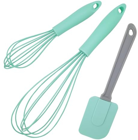Schneebesen & Teigschaber Set, Pastel-Grün, 3 Stück | 21 cm, 30 cm, Rührbesen, Rühren, Mischen, Quirl, Spülmaschinengeeignet