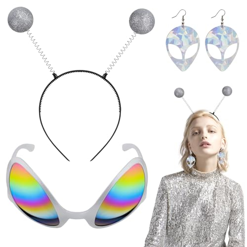 Ezydka Alien Kostüm Set, Alien Kostüm Zubehör Weltall Kostüm Accessoires Glitzer Alien Haarreif Alien Brille Fasching Kopfschmuck für Karneval, Alien Kostüm, Weltall Kostüm, Halloween,Space Girl