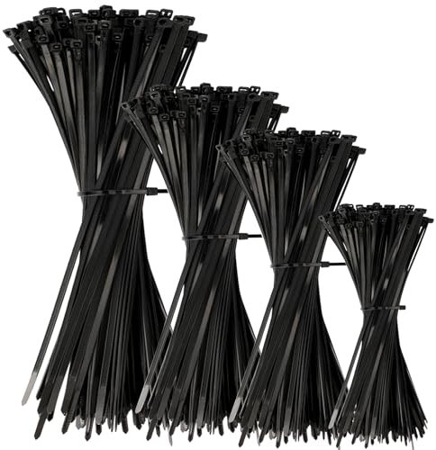 Bonison Cable Zip Ties - 400 Pack Black Assorted Sizes 4 6 8 12 inch, Multi-Purpose Self-Locking Nylon UV Resistant Wire Ties for Home, Office, Garden