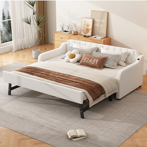 WIZBED Stilvoll Polsterbett Schlafsofa mit mit ausziehbares Bett, USB & Lattenrosten, Ausziehbett 90/180x200 Bettsofa Gästebett Tagesbett, Linen, ohne Matratze