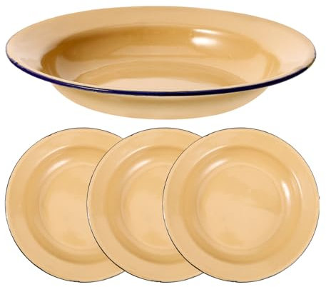 Amosfun 4Pcs Enamel Dinner Plates, 7 Inch Round Dinner Serving Plates Home Hotel Enamel Fruit Plates Pasta Plates Yellow