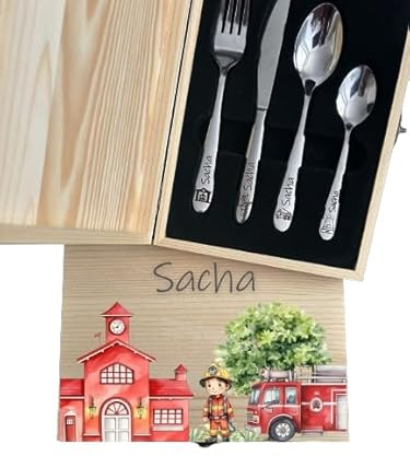 DEschenk personalisiertes Kinderbesteck mit Namensgravur | Besteck Kinder mit Gravur | Kindergeschirr personalisiert | Weihnachtsgeschenke für Babys | Taufgeschenk (Feuerwehr Set)