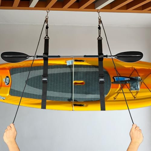 DEEALL Rope Hoist Stainless Steel Pulley System with Storage Straps for Kayak Hanger Cargo Ceiling Storage Overhead Storage Watercraft Garage Storage Kayak Wall Hanging Sling Rope Tightening System