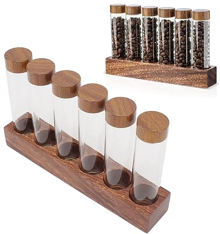 Bewinner Kaffeebohnen-Aufbewahrung Röhrchen mit Holz Basis, Kaffeebohnen Gläser mit Deckel, Einzel Dosis Kaffeebohnen Behälter mit Elegantem Walnuss Ständer für die Küche (6 Stk)