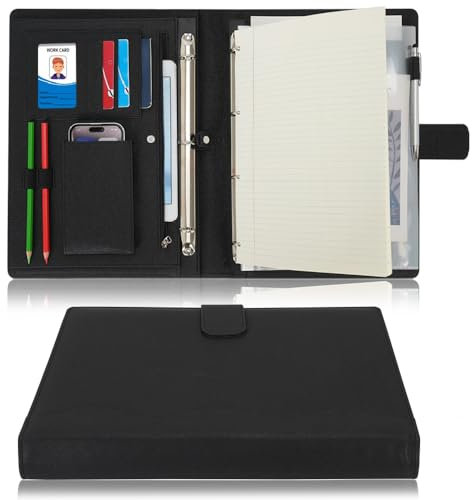 Wonderpool A4 PU Leather 4 Ring Holder Writing Portfolio Multi Document Case with Removable Binder Clipboard and Functional Pocket for Organizer Office Travel School (Black)