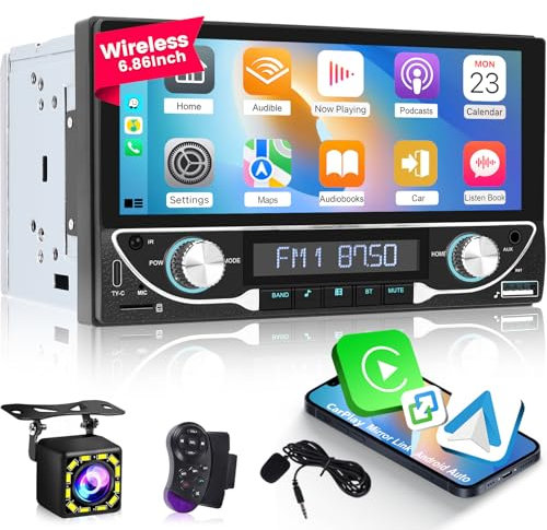 Radio 2 DIN con Inalámbrico Carplay y Android Auto - Pantalla Táctil Radio Coche Bluetooth Pantalla de 6,86 Pulgadas con Enlace Espejo, Radio FM, Puerto AUX/TF/USB/Tipo C + Cámara de Marcha Atrás