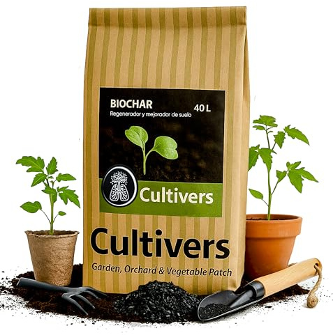 CULTIVERS Biochar Carbón Vegetal 40 L (8kg) Mejorador de suelo ecológico para huerto, césped, compost y plantas, Biocarbón acondicionador potencia fertilidad retiene agua y nutrientes y secuestra CO₂