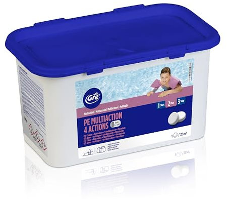 GRE 76007NB - Chlore Multiactions 4 Actions en Galets : Désinfection, Anti-algues, Floculant et Stabilisateur. Traitement et Nettoyage Complet des piscines. Galets de 250 g, 1 kg.