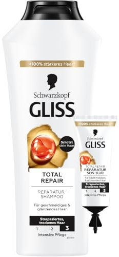 Gliss Shampoo (400 ml) & SOS-Intensiv-Kur Total Repair (15 ml) Total Repair mit flüssigem Keratin & Blüten-Nektar, für trockenes und geschädigtes Haar, Haarkur für intensive Reparatur & Pflege