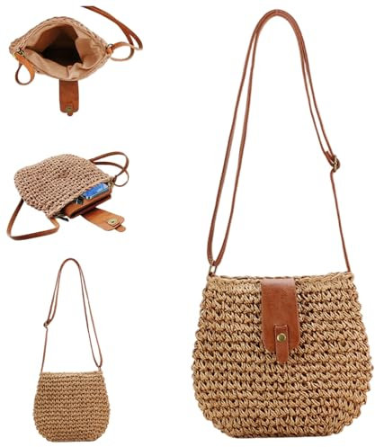 Wedhapy Sacs en paille pour femmes 20 x 23 cm sac à main décontracté en paille avec bandoulière en cuir réglable et fermeture éclair idéal pour la plage l'été et les sorties.