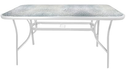 HERSIG - Mesa de Jardin Rectangular de Acero y Vidrio Templado - Mesa Exterior Blanco 120x70x70 CM - Mesas de Terraza y Jardín Rectangulares - Mesas para Verano Exterior con Cristal Texturizado