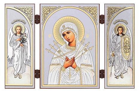 NKlaus Triptychon: Gottesmutter der Sieben Pfeile, Reisealtar, 1 Stück | Christliche Ikone; mit Erzengel Gabriel und Michael, goldener Prägung und Lackschicht; 13x8x0,6cm