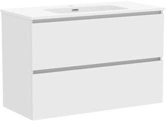 Baikal Mueble de Baño Klay. Mueble MONTADO. 2 Cajones Suspendido con Lavabo. Armario de Baño. Lavabo Ceramico. 100cm Blanco.