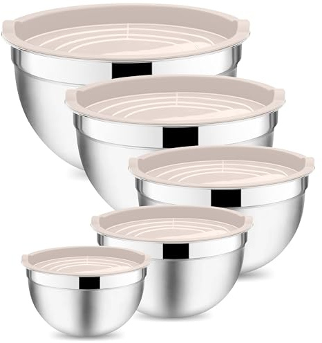 Onader Rührschüssel, 5-tlg Edelstahl Salatschüssel Set mit Deckel - Khaki | Schüssel Set mit Luftdichtem Deckel, Ideal für Backen/Kochen/Zubereitung, Stapelbar & Spülmaschinenfest, 4,6/2,8/1,6/1,2/0,7L