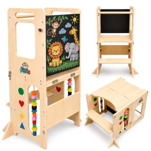 Torre de Aprendizaje Montessori 4 en 1 Pitifis | Torre de Aprendizaje Plegable para Niños con Pizarra y Escritorio | Taburete Cocina Infantil de Madera | Diseño Estable y Seguro | 90 x 31 x 45 cm