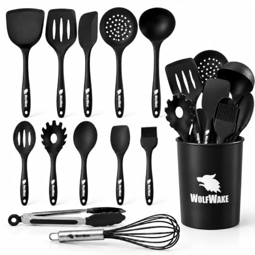 WOLFWAKE 13 Piezas Utensilios de Cocina de Silicona - Menaje de Cocina, Paletas de Cocina, Cucharones de Cocina, Pinzas de Cocina, Bote Utensilios Cocina, Resistentes al Calor y Antiadherente (Negro)