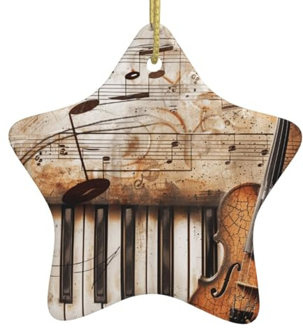 Klavier-Violin-Musiknoten bedruckter Weihnachtsbaum, Keramik, hängende Ornamente mit hängenden Saiten, Sternform, Keramik-Wandbehang, Weihnachtsbaumschmuck