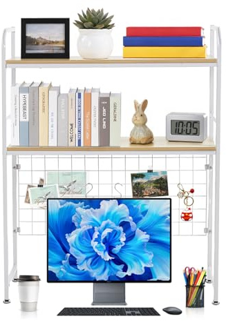 SUNNYNEST 2-Tier Computer Desktop Bookcase Desk Hutch Bookshelf with Adjustable Shelf Heavy-Duty Metal Frame, Desktop Organizer for Monitor, Books, Printer & Office Supplies 100 * 75 * 20cm