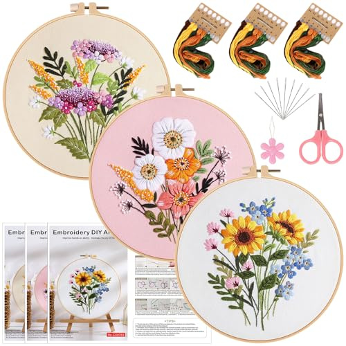 Herdiese Embroidery Kit for Beginners & Adults, 3PCS Floral Patterns. | Cross Stitch Kit Complete Starter Set with Hoop, Pre-Printed Fabrics, Threads, 9 Needles and Scissors for Beginners