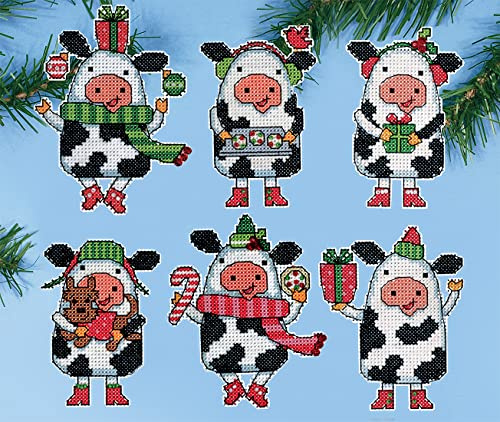 Design Works Crafts Kreuzstich Stickpackung Weihnachtsbaum-Dekoration Weihnachtskühe 6er Set, Zählmuster