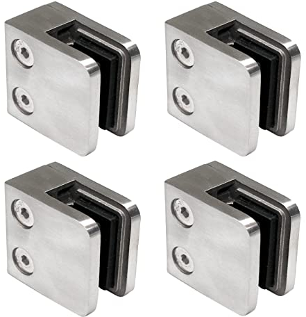 PRIOstahl Glashalter Glasklemmen Abstandhalter Klemmhalter - 4 Stück 45 x 45 x 26 mm Anschluss: Flach für Glas 10 mm Glasklemmhalter Glasplattenhalter für Geländer Treppengeländer aus Edelstahl V2A