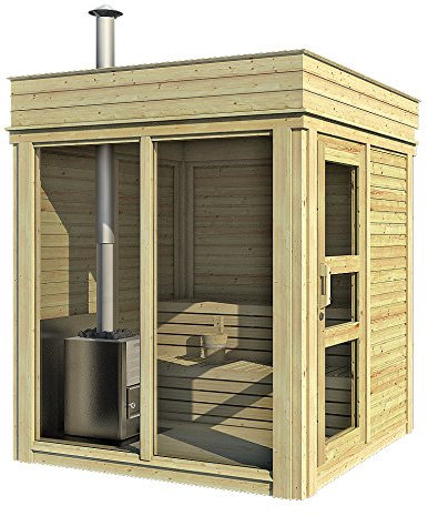 Sauna CUBE finlandese da esterno 2x2m con stufa legna per 6/8 persone in abete di qualità