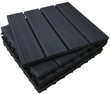 CLICK-DECK Composite Decking Tiles | Patio, Balcony, Concrete, Hot Tub Deck Tiles | 30x30cm Square Connect Flooring | Easy Installation | Low Maintenance | Great Drainage (6x Deck Tiles, Ebony)