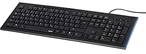 Hama Tastatur mit Leuchtstreifen „Anzano“ (deutsches QWERTZ Tastenlayout, flache Tasten, 8 Media-Tasten, 1,4 m Kabel, Ziffernblock, für Windows PCs) Computer-Tastatur, Keyboard schwarz