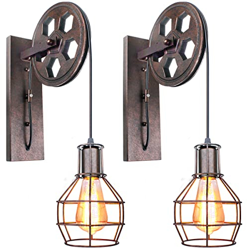 iDEGU 2 Stücke Industrial Wandlampen, Vintage Wandleuchten im Riemenscheibe Design Retro Lampe aus Metall und Holz Hängelampe Wandlampe für Schlafzimmer Wohnzimmer Restaurant Café Flur - Schwarz Rost