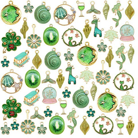 Julie Wang 30PCS Emaille Grün Charmes Zufällige Mischobst Tierblumen Legierung Anhänger Halskette Ohrringe Schmuckherstellung Zubehör