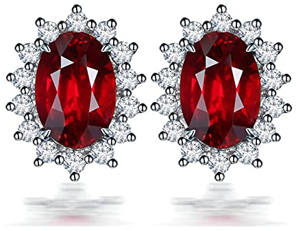 Beydodo Ohrringe Damen Weißgold 750 Sonnenblume mit Oval Rubin 0.7ct, Ohrringe Stecker Weißgold Diamant Schmuck Nickelfrei