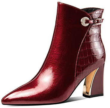 TinaCus Stivaletti da donna in pelle verniciata lucida, fatti a mano, con tacco grosso, punta a punta, cerniera laterale, con squisita decorazione con fibbia, Borgogna, 35.5 EU