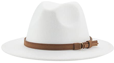 QBQZXAOSOWH Fedora Trilby Fedora-Hüte Für Damen, Herren, Breite Krempe, Feste Damenhüte, Bandgürtel, Klassische Formelle Kleidung, Khaki, Schwarze Hüte, 56-58 cm (Erwachsene), Weiß
