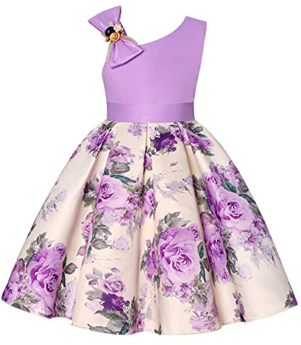BUNNY LULU Filles Robe inclinée épaule Demoiselle d’honneur Mariage Princesse Arc des Enfants Bal d’Anniversaire soirée Spectacle Lunghezza e Ginocchiere(Viola, 7-8 Anni)