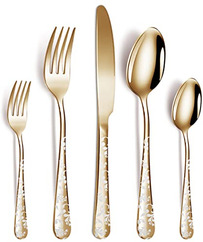 XIAOYU Set di posate in acciaio inossidabile da 5 pezzi, set di posate in argenteria, include coltello/forchetta/cucchiaio, design unico, lavabile in lavastoviglie, oro