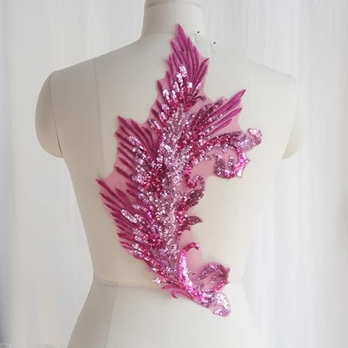 Yulakes 1PCS Pailletten Feder Applikation, Sew On Patch Embroidered Lace Spitzenausschnitt und Strassbesatz,Spitzenapplikation Blumenstickerei Patch für DIY Ausschnitt Hochzeit Brautkleid (Lila)