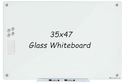 Magnetisches Glas-Whiteboard, trocken abwischbare Glasplatte, 122 x 90 cm, weiße Oberfläche, rahmenlos, Heimschulbedarf oder Heimbüro-Dekor mit Magneten, Markern, Radiergummi, Markertablett