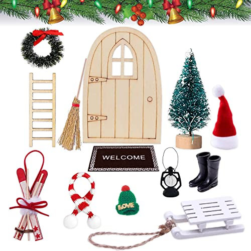 Kit de Noël Miniature Porte Lutin, 13 Pièces Miniature Maison de Poupée Déco de Noël, Décoration de Micro Paysage NoëL avec Couronne de NoëL, Arbre de NoëL Miniature, Lanterne, Balai, Chaussures